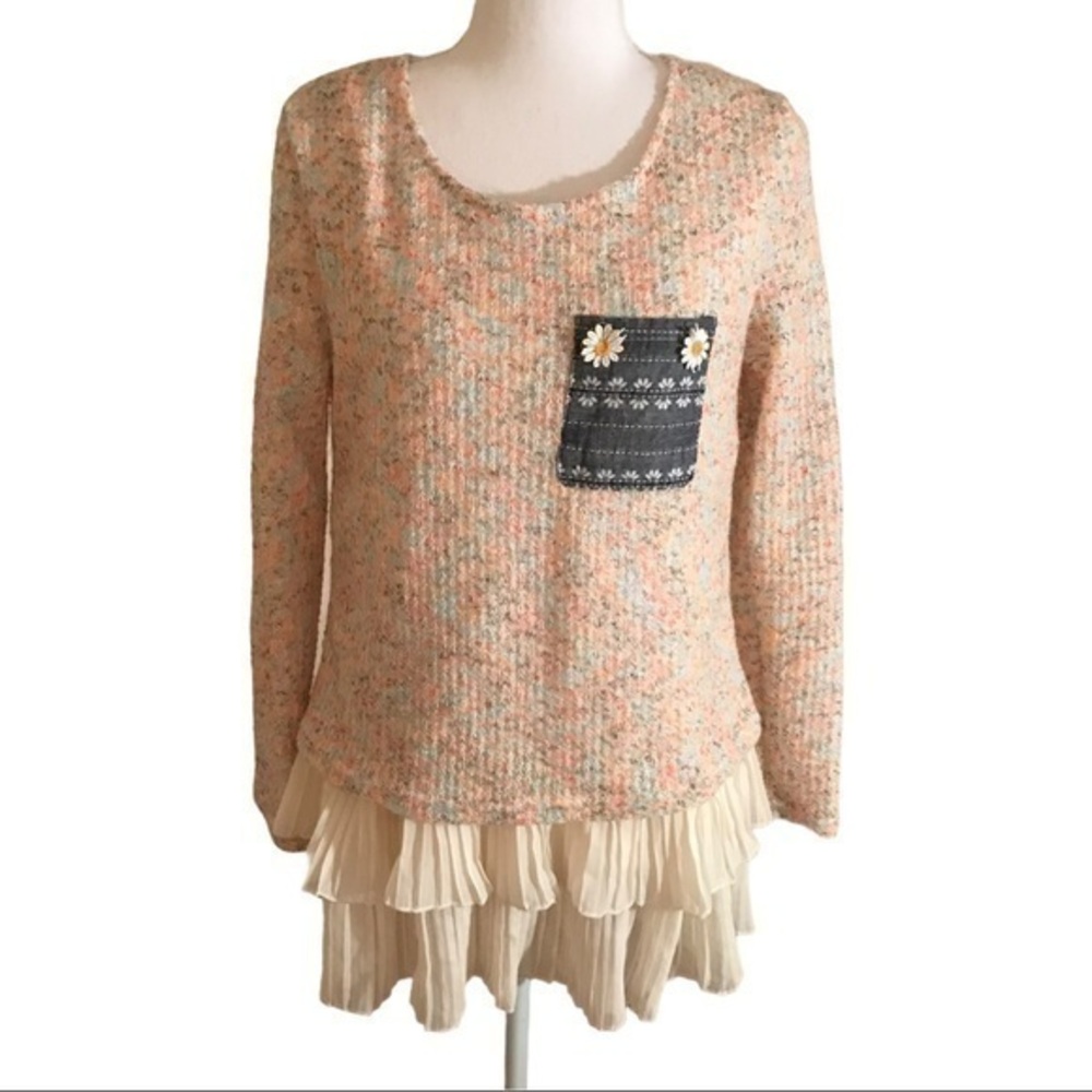 Yue Ran rainbow patchwork pleated flower tunic top